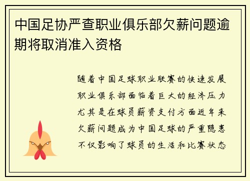 中国足协严查职业俱乐部欠薪问题逾期将取消准入资格 中国足协严查职业俱乐部欠薪问题逾期将取消准入资格